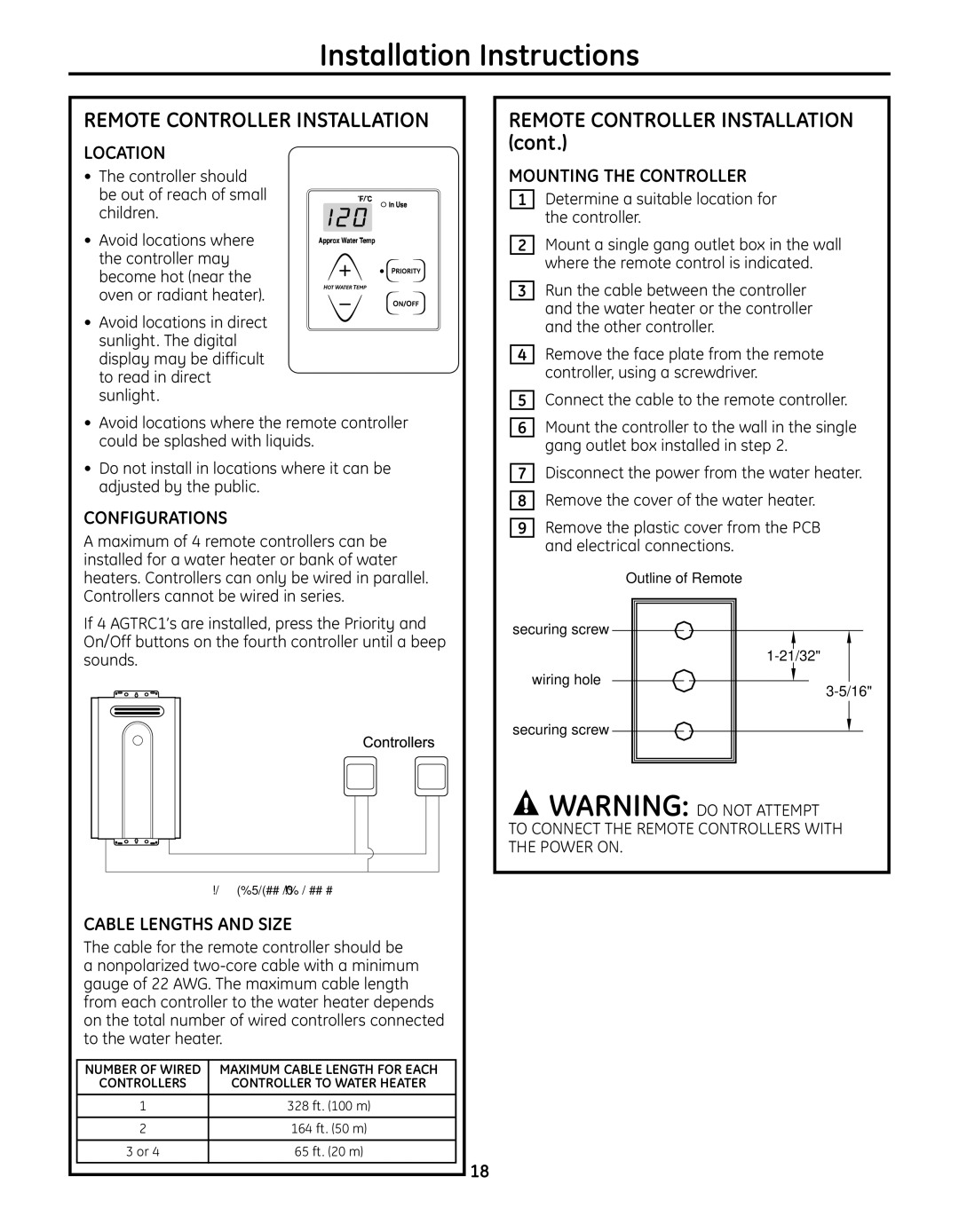 GE GP94ENSRSA Remote Controller Installation, Location, Configurations, Mounting the Controller, Cable Lengths and Size 