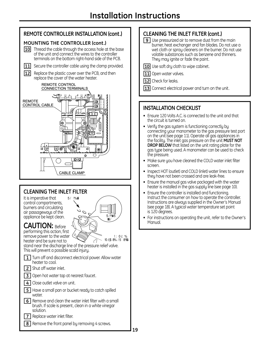 GE GN94ENSRSA, GP94ENSRSA, GN75ENSRSA installation instructions Cleaning the Inlet Filter, Installation Checklist 