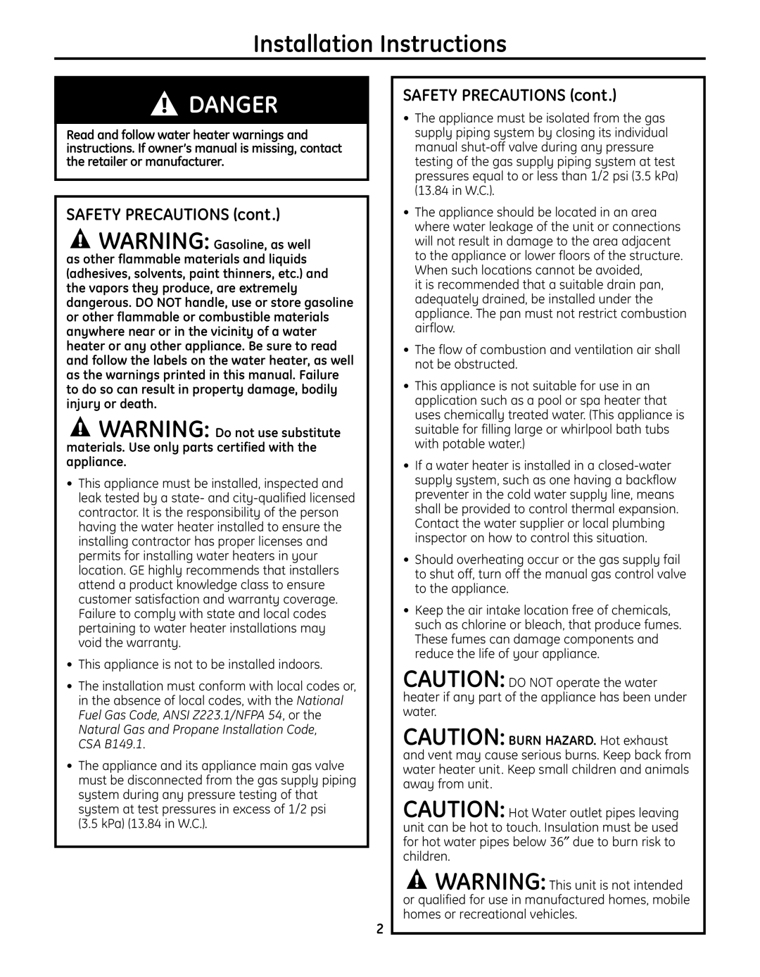 GE GN75ENSRSA, GP94ENSRSA, GN94ENSRSA installation instructions Installation Instructions, Safety Precautions 