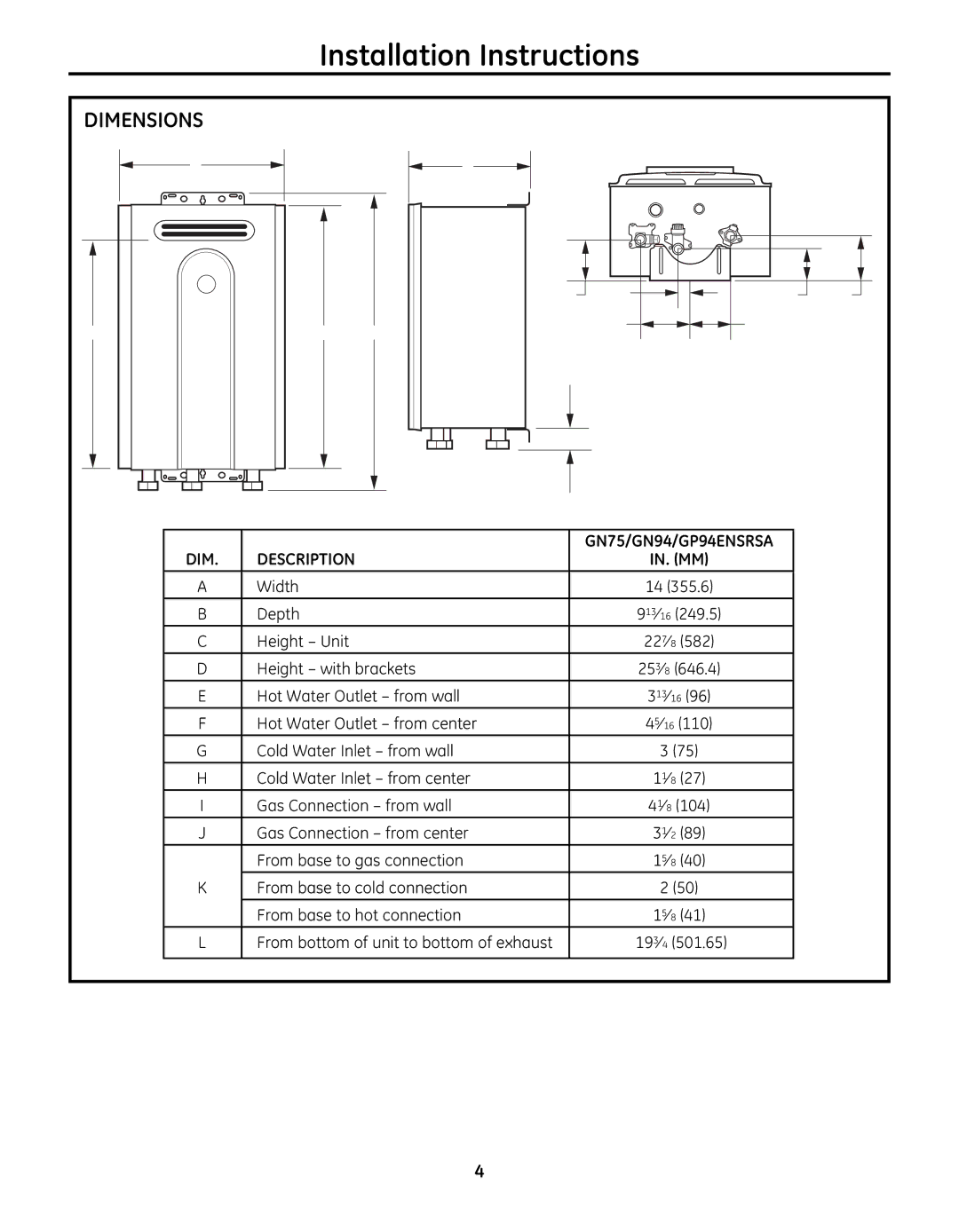 GE GN94ENSRSA, GP94ENSRSA, GN75ENSRSA installation instructions Dimensions, Description 