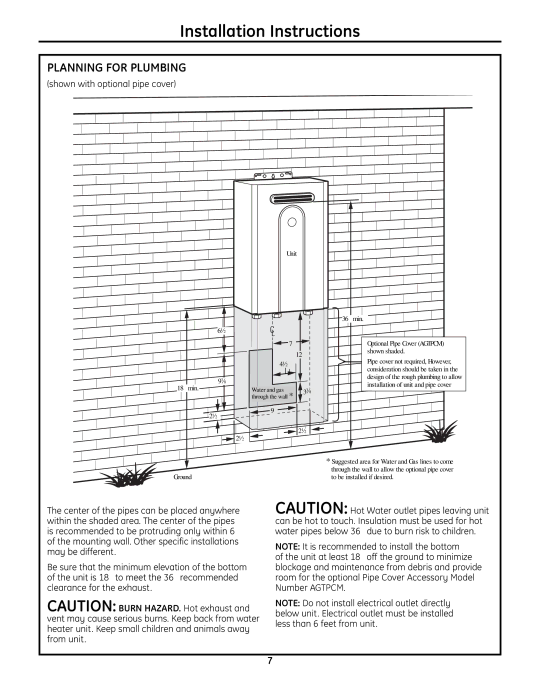 GE GN94ENSRSA, GP94ENSRSA, GN75ENSRSA installation instructions Planning for Plumbing, Shown with optional pipe cover 