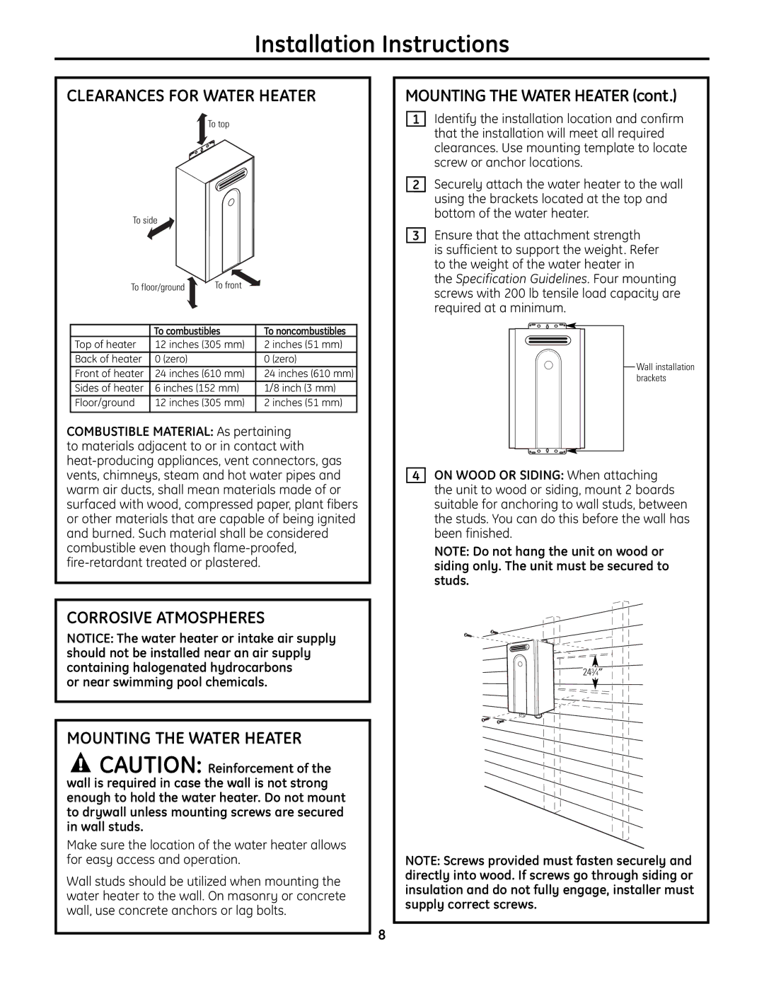 GE GN75ENSRSA, GP94ENSRSA, GN94ENSRSA Clearances for Water Heater, Corrosive Atmospheres, Mounting the Water Heater 