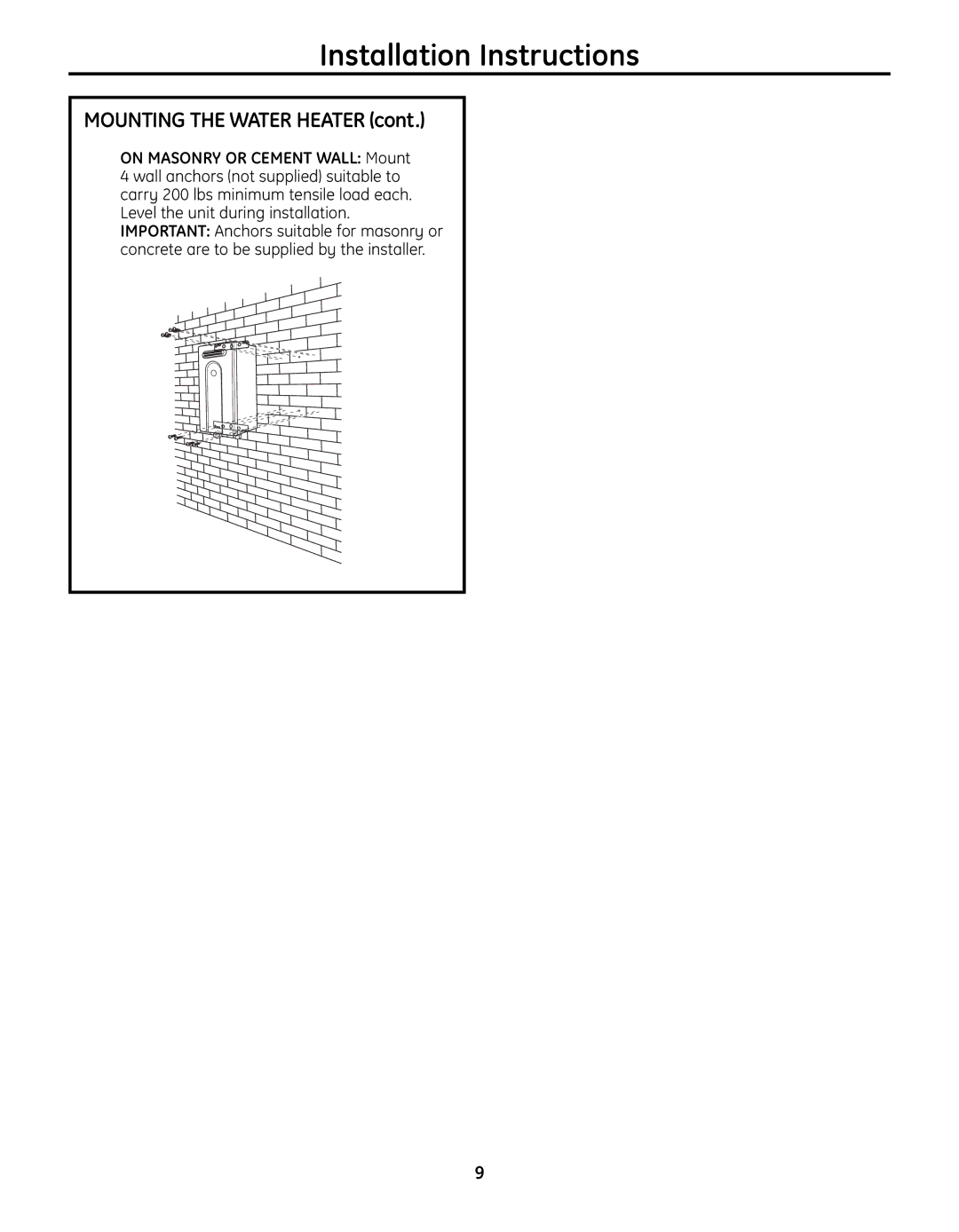 GE GP94ENSRSA, GN94ENSRSA, GN75ENSRSA installation instructions Mounting the Waterheater 