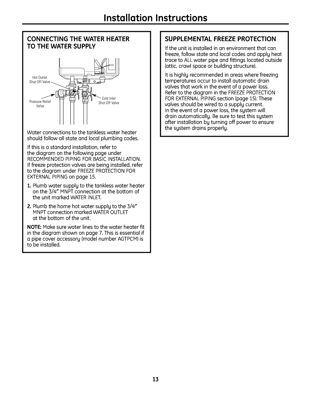 GE GN94ENSRSA Supplemental Freeze Protection, Connecting The Water Heater To The Water Supply, Installation Instructions 