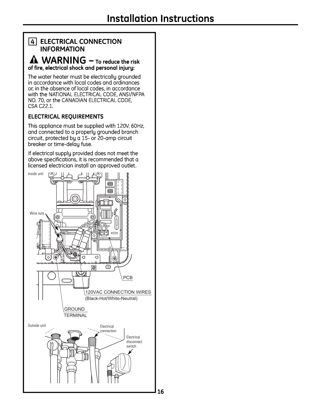 GE GN94ENSRSA, GP94ENSRSA, GN75ENSRSA Electrical Connection Information, Electrical Requirements, Installation Instructions 
