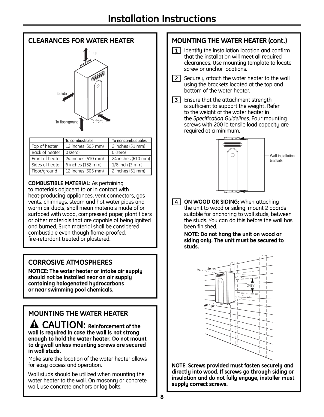 GE GN75ENSRSA Clearances For Water Heater, Corrosive Atmospheres, Mounting The Water Heater, Installation Instructions 