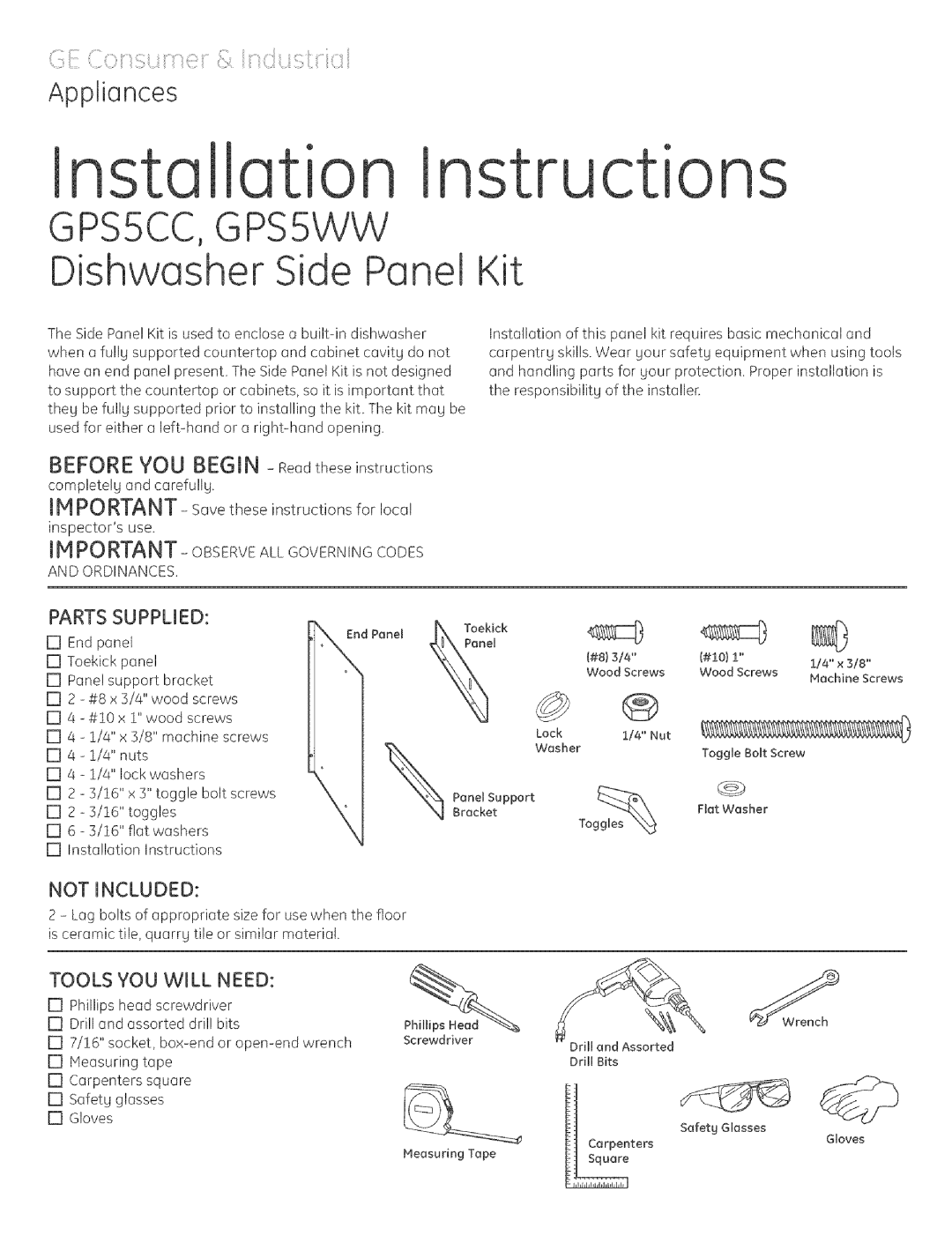 GE GPS5WW, GPS5CC installation instructions Parts Supplied, Not Included, Tools YOU will Need 