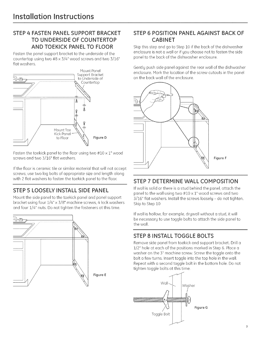 GE GPS5WW, GPS5CC Position Panel Against Back Cabinet, Step S Loosely Install Side Panel, Determine Wall Composition 