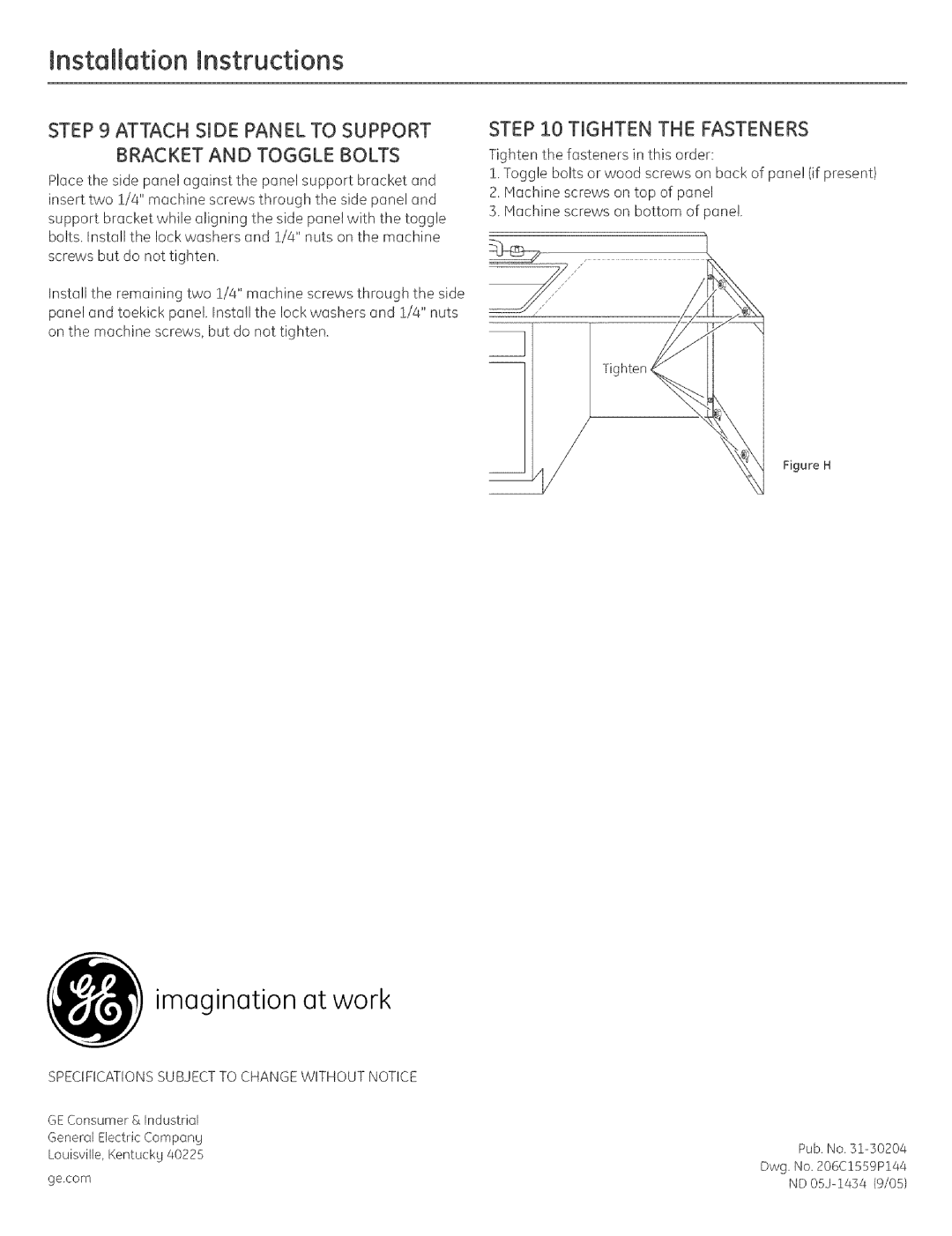 GE GPS5CC, GPS5WW Attach Side Panel to Support Bracket and Toggle Bolts, Step iO Tighten the Fasteners 