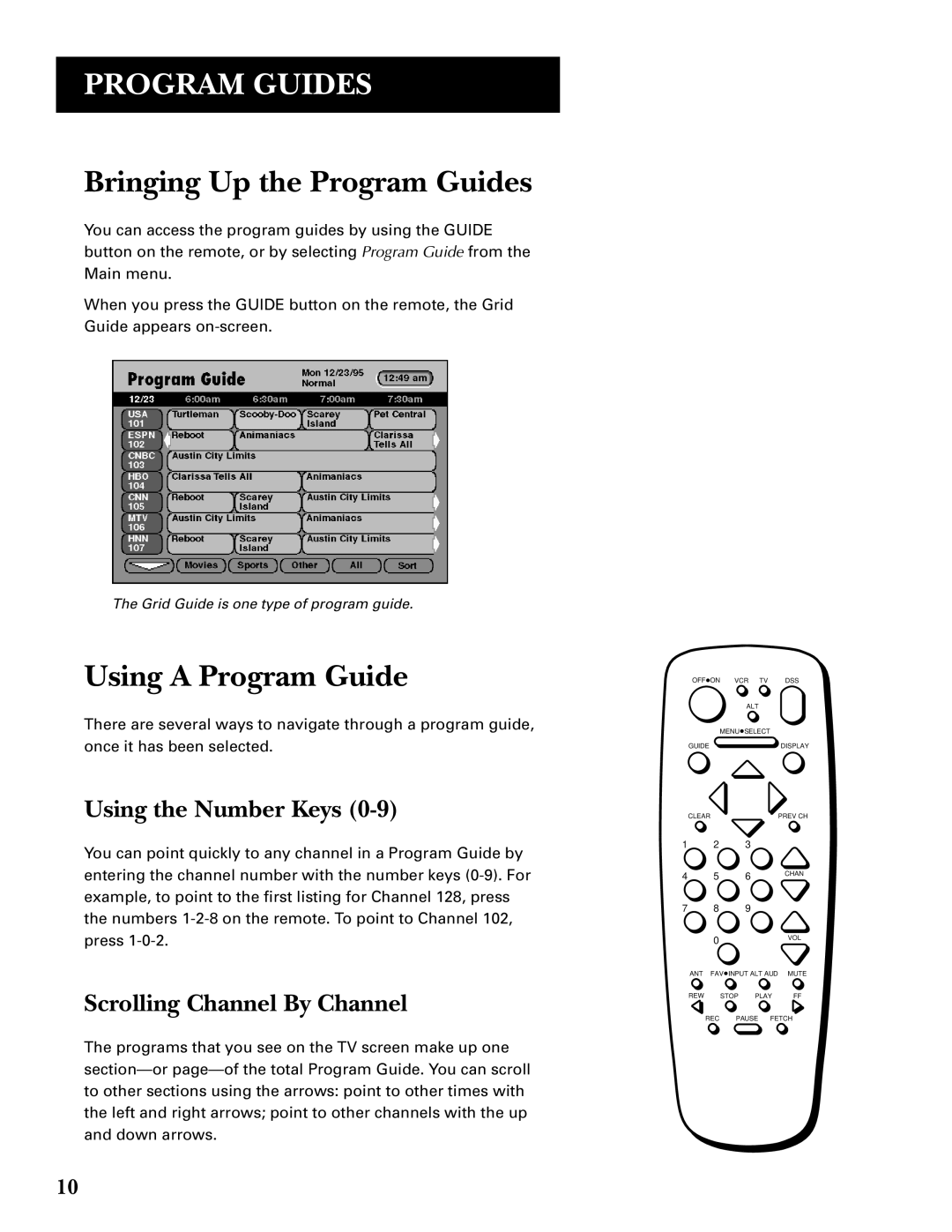 GE GRD33G3A Bringing Up the Program Guides, Using a Program Guide, Using the Number Keys, Scrolling Channel By Channel 