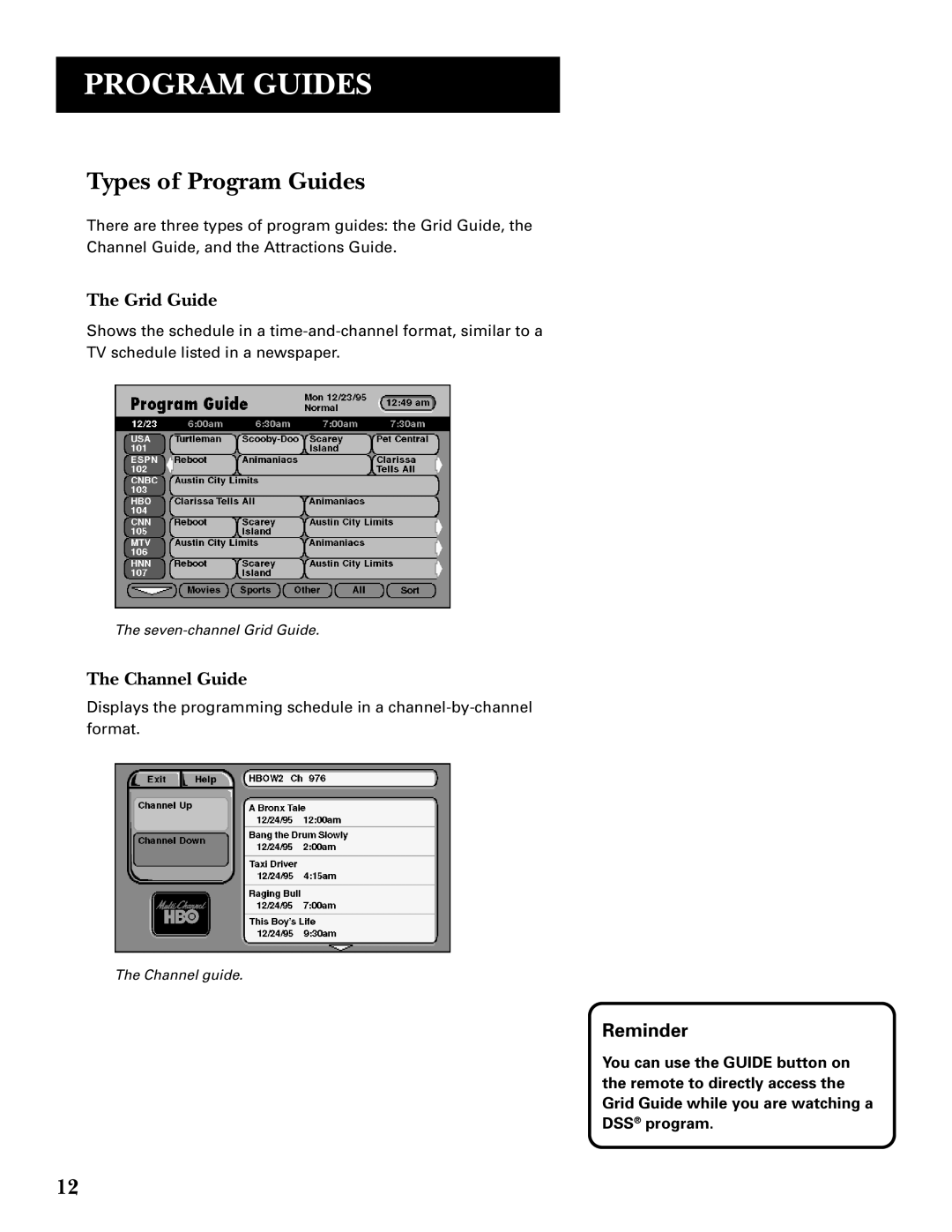 GE GRD33G3A manual Types of Program Guides, Grid Guide, Channel Guide, Reminder 