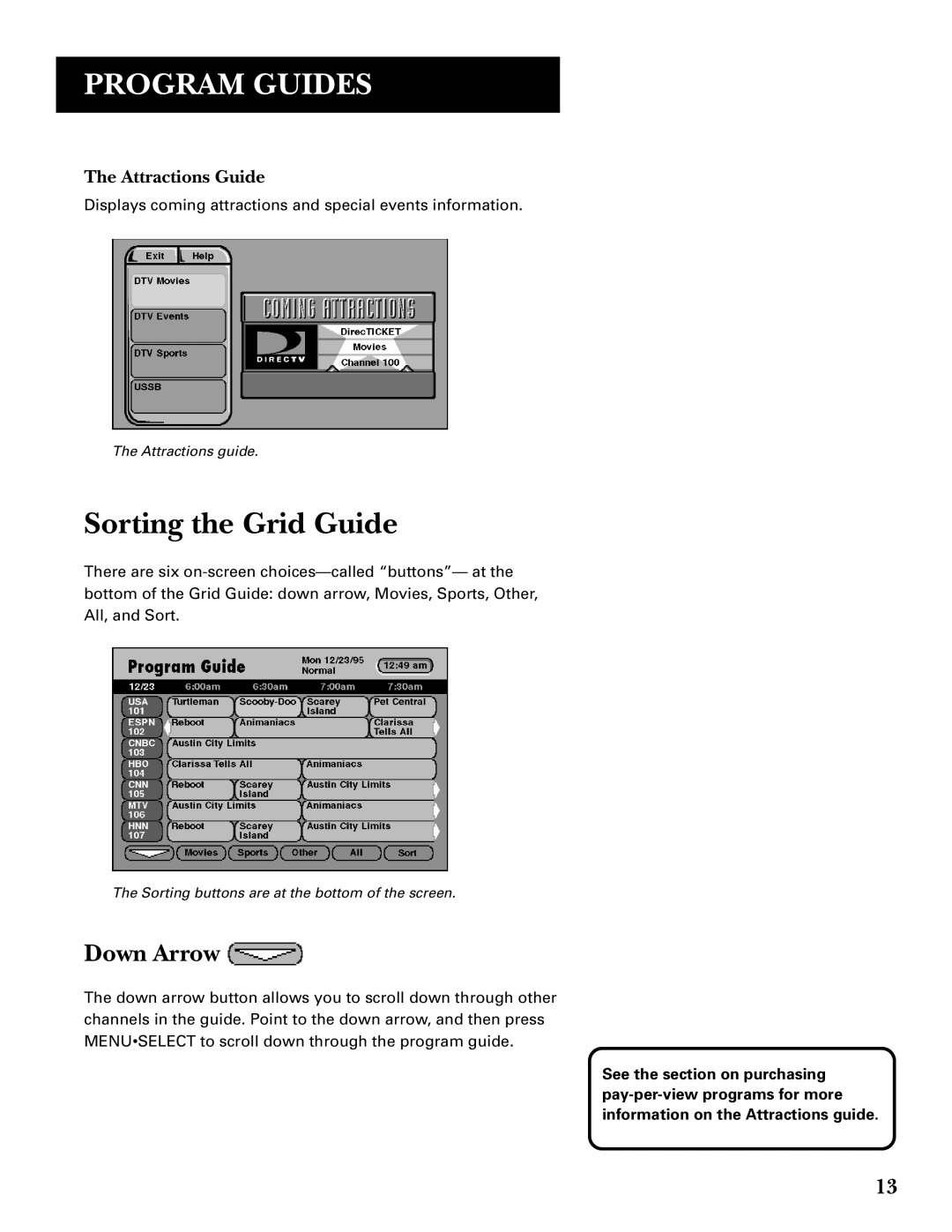 GE GRD33G3A manual Sorting the Grid Guide, Down Arrow, Attractions Guide 