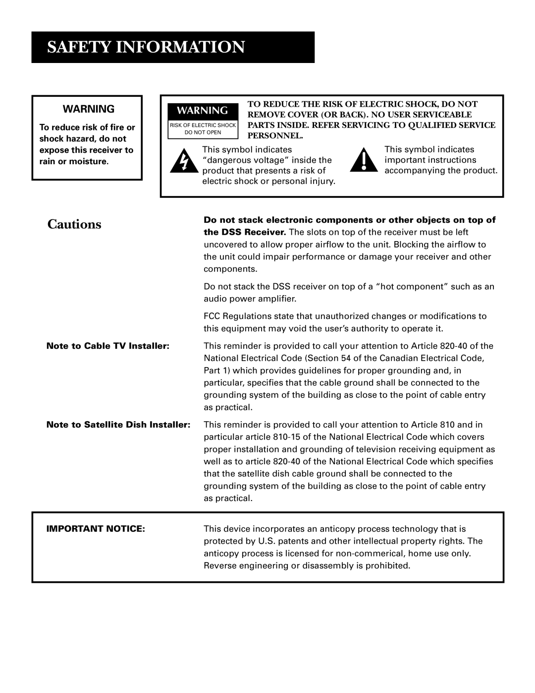 GE GRD33G3A manual Safety Information, Expose this receiver to Rain or moisture 