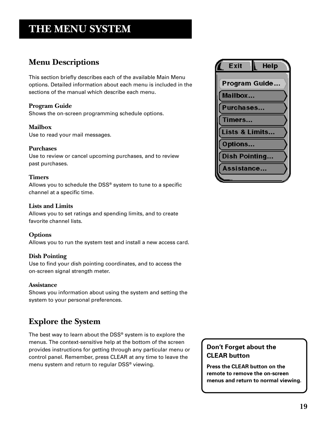 GE GRD33G3A manual Menu Descriptions, Explore the System, Don’t Forget about Clear button 