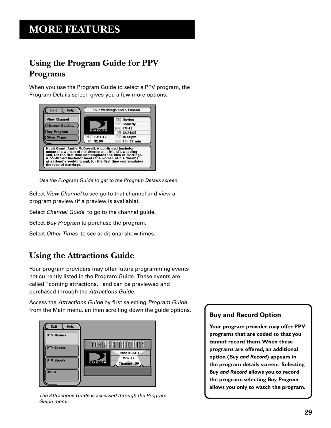 GE GRD33G3A manual Using the Program Guide for PPV Programs, Using the Attractions Guide, Buy and Record Option 