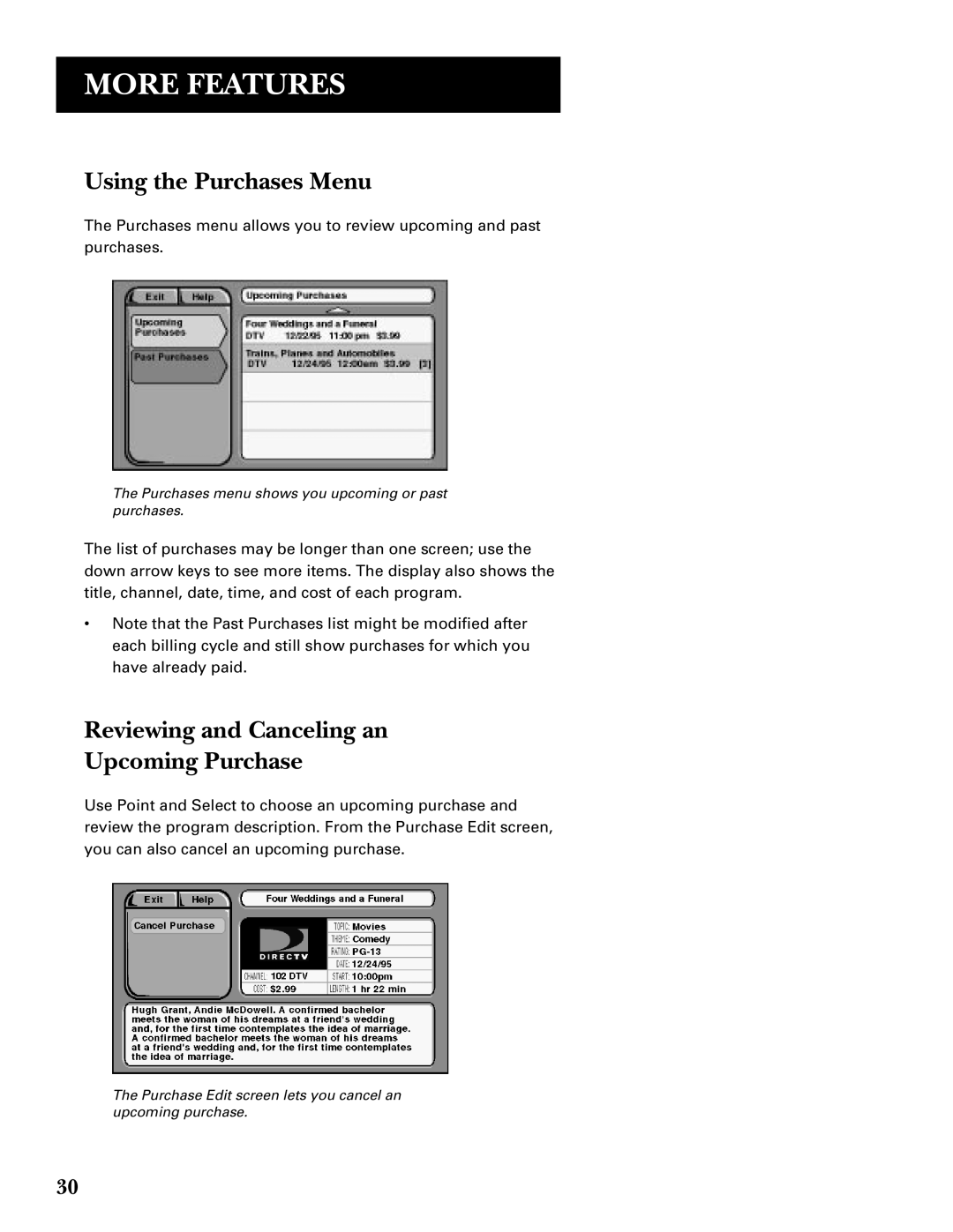 GE GRD33G3A manual Using the Purchases Menu, Reviewing and Canceling an Upcoming Purchase 