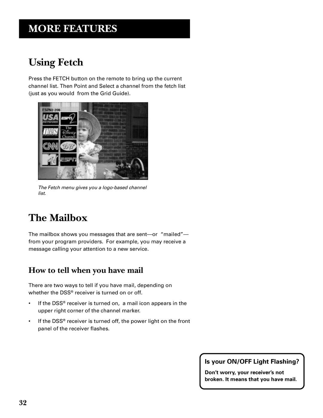 GE GRD33G3A manual Using Fetch, Mailbox, How to tell when you have mail, Is your ON/OFF Light Flashing? 
