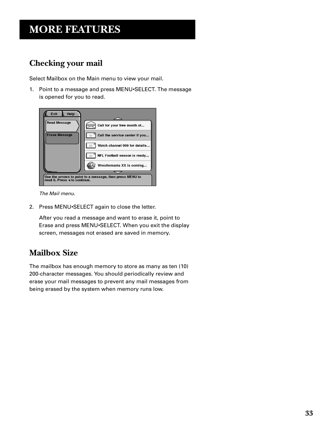 GE GRD33G3A manual Checking your mail, Mailbox Size 