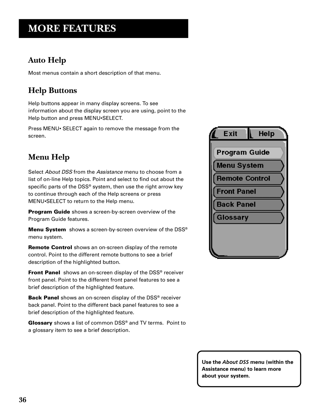 GE GRD33G3A manual Auto Help, Help Buttons, Menu Help 