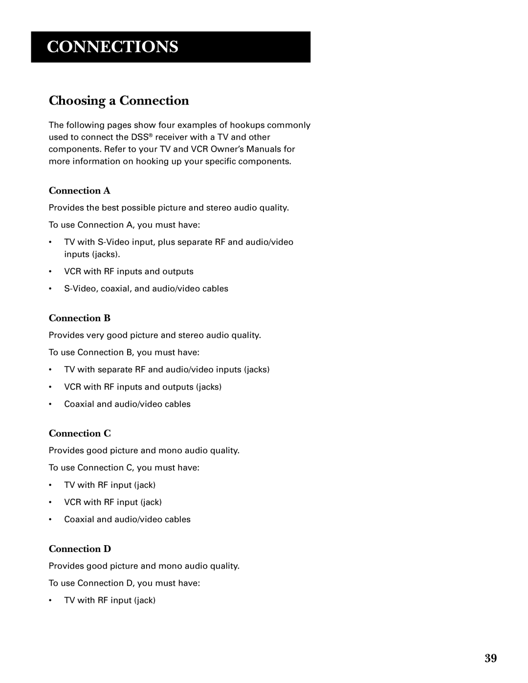 GE GRD33G3A manual Choosing a Connection, Connection a, Connection B, Connection C, Connection D 