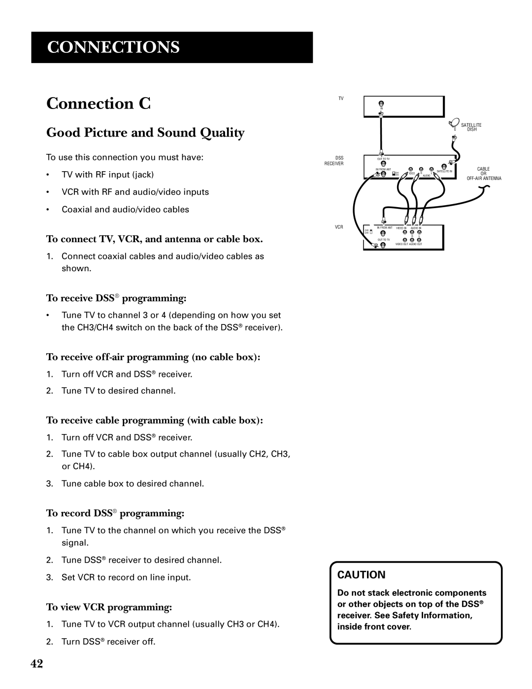 GE GRD33G3A manual Connection C, Good Picture and Sound Quality, To connect TV, VCR, and antenna or cable box 