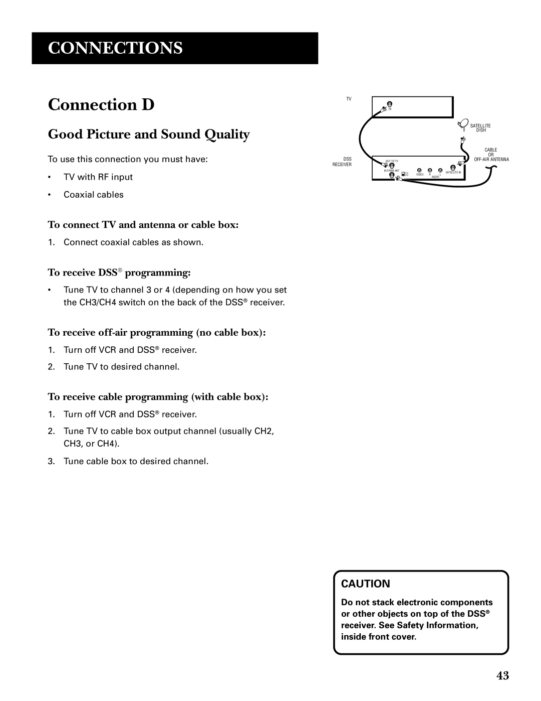 GE GRD33G3A manual Connection D, To connect TV and antenna or cable box 