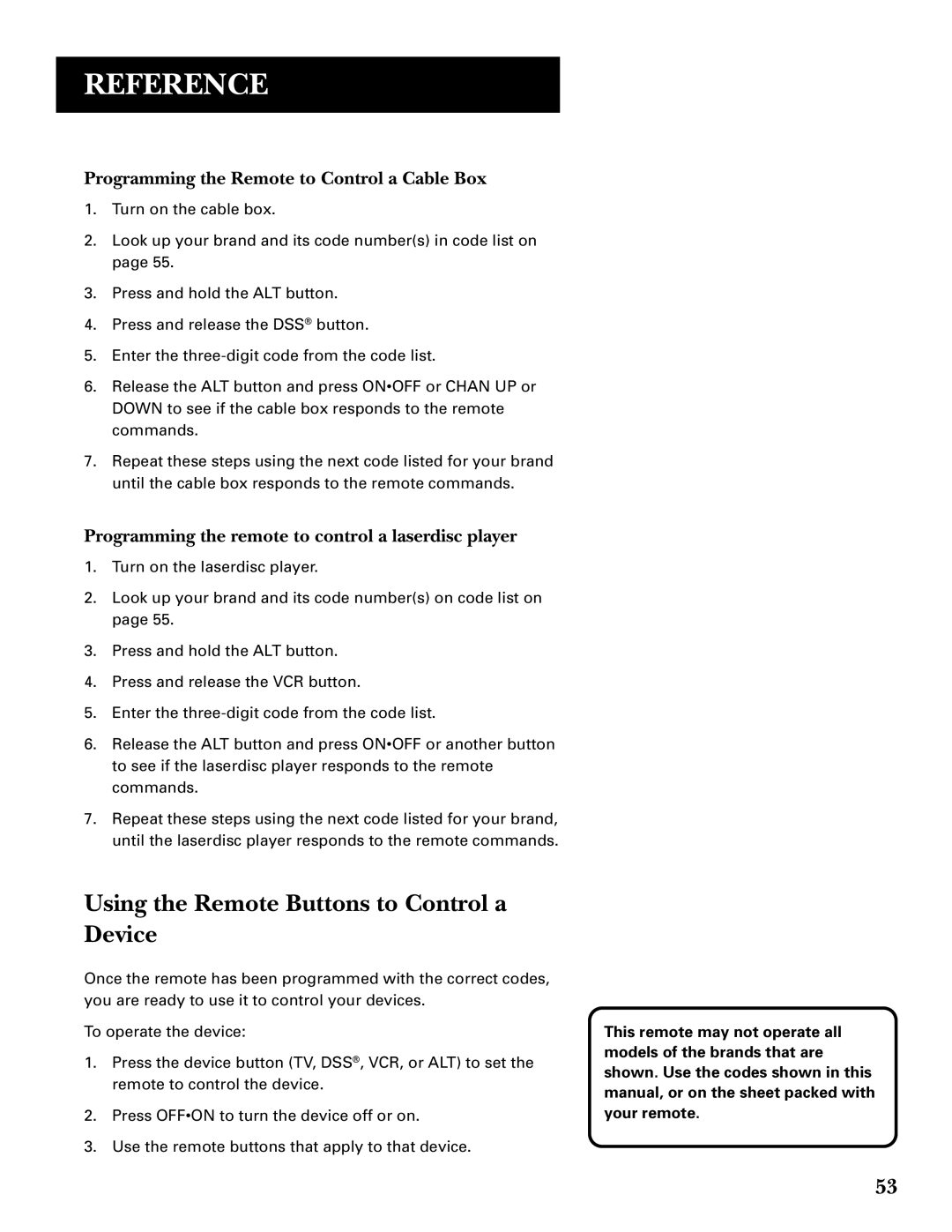 GE GRD33G3A manual Using the Remote Buttons to Control a Device, Programming the Remote to Control a Cable Box 