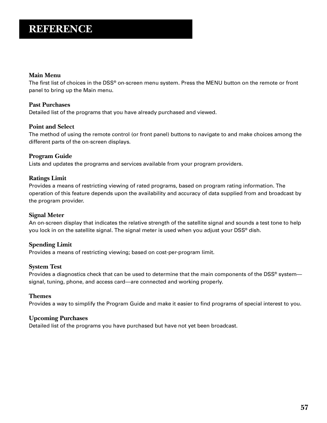 GE GRD33G3A Main Menu, Past Purchases, Point and Select, Ratings Limit, Signal Meter, Spending Limit, System Test, Themes 