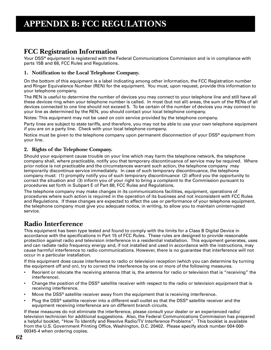 GE GRD33G3A Appendix B FCC Regulations, FCC Registration Information, Radio Interference, Rights of the Telephone Company 