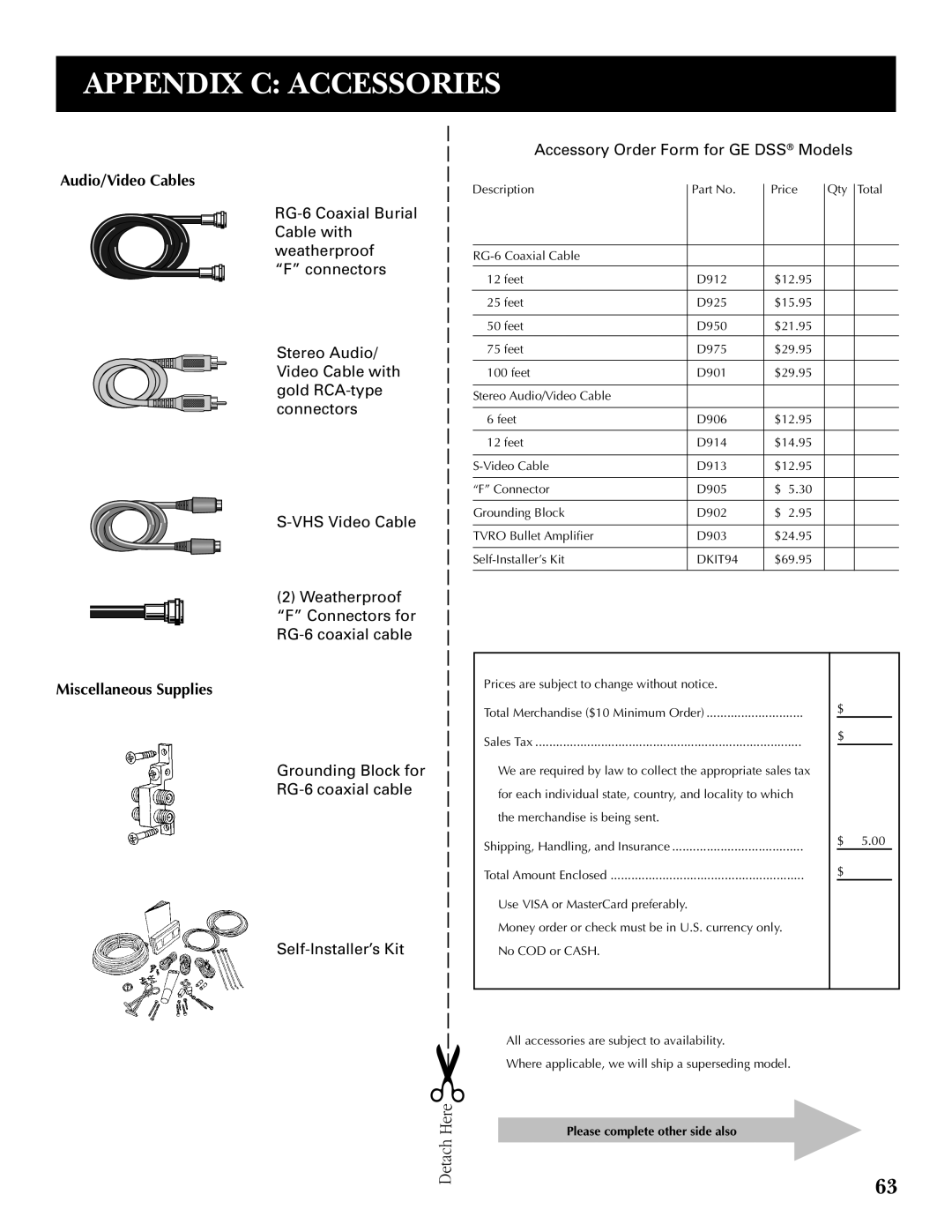 GE GRD33G3A manual Appendix C Accessories, Audio/Video Cables 