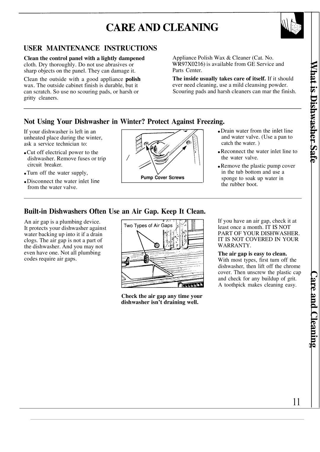 GE GS0650 warranty User Maintenance Instructions, Built-in Dishwashers Often Use an Air Gap. Keep It Clean 