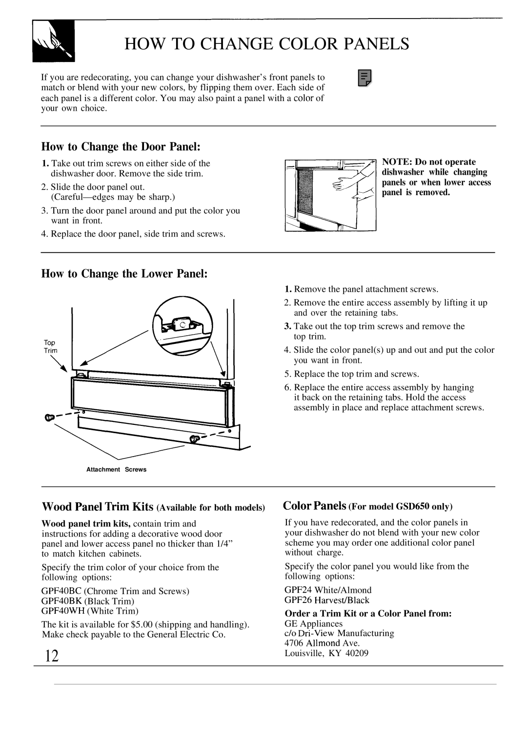 GE GS0650 warranty HOW to Change Color Panels, How to Change the Door Panel, How to Change the Lower Panel 