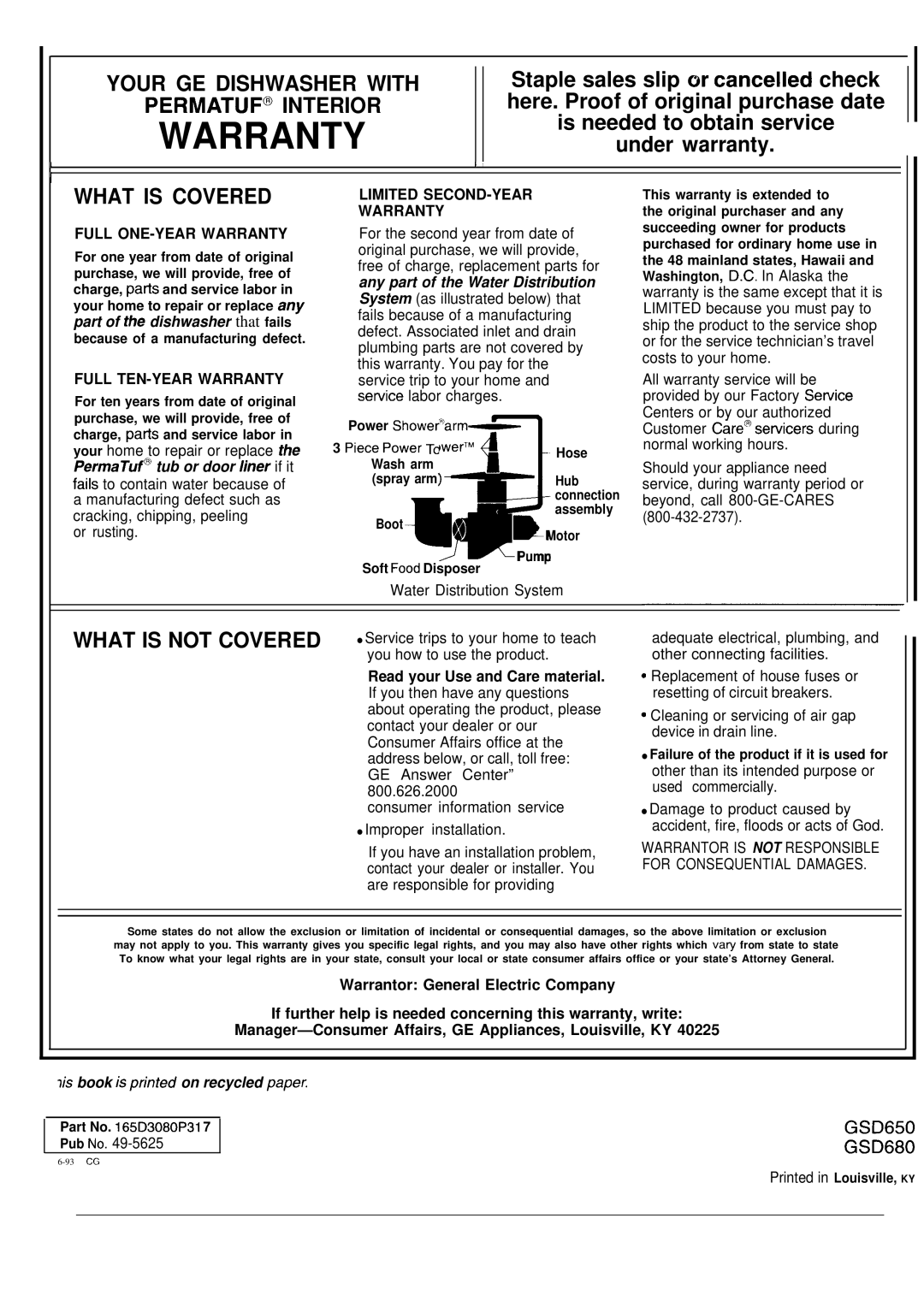 GE GS0650 warranty Warranty 