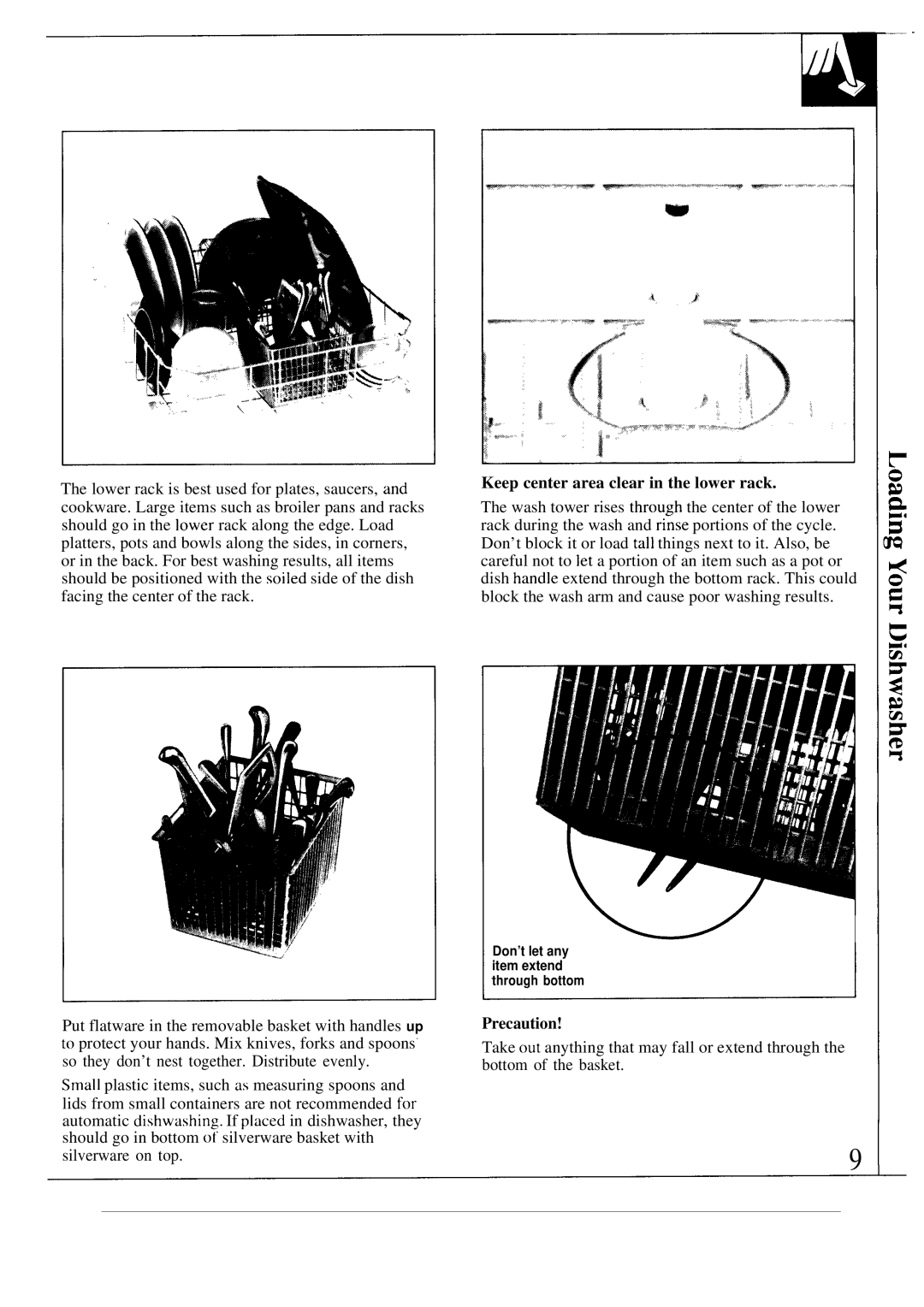 GE GS0650 warranty Keep center area clear in the lower rack, Precaution 