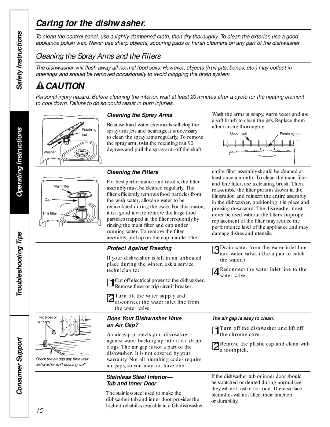 GE GSC1807 owner manual Caring for the dishwasher 