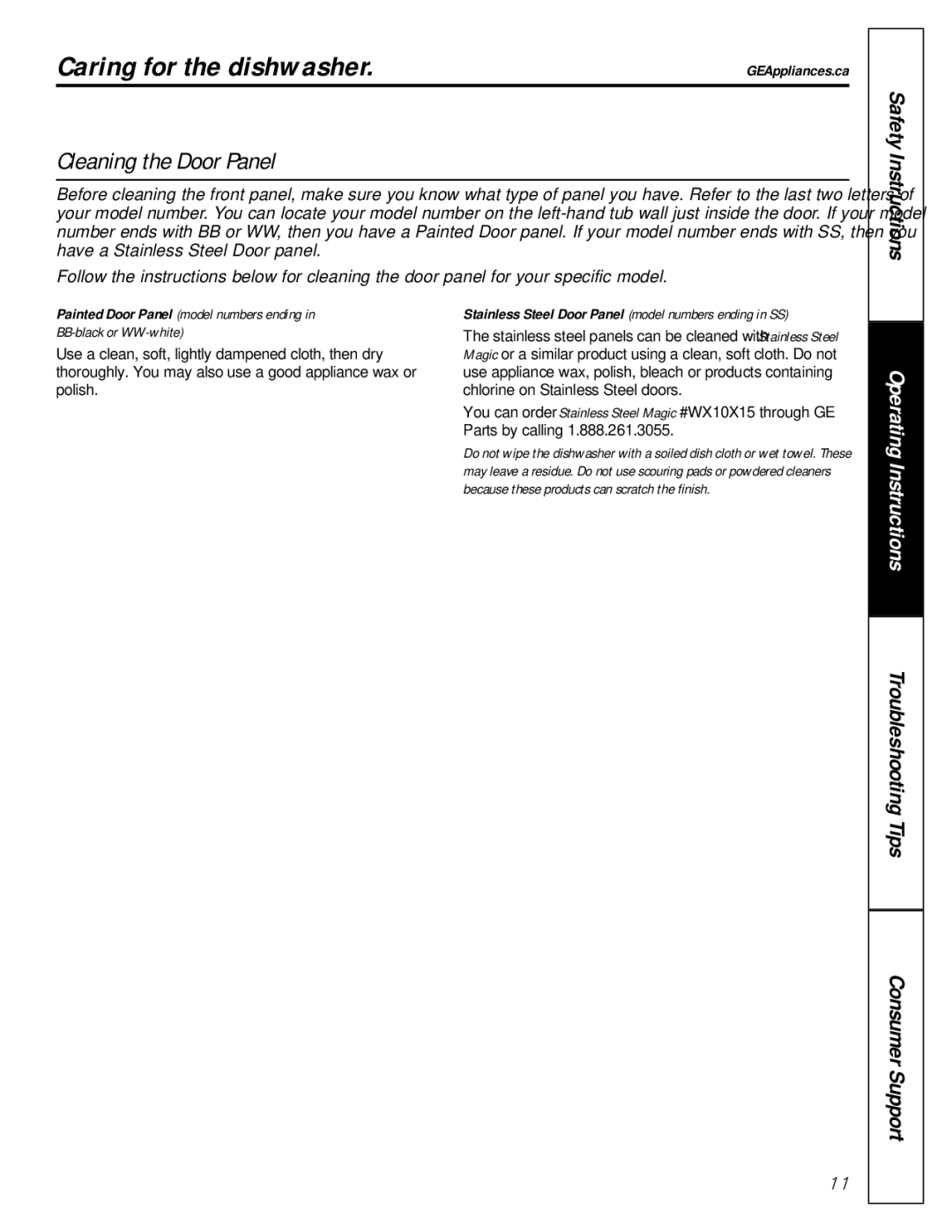 GE GSC1807 owner manual Cleaning the Door Panel 