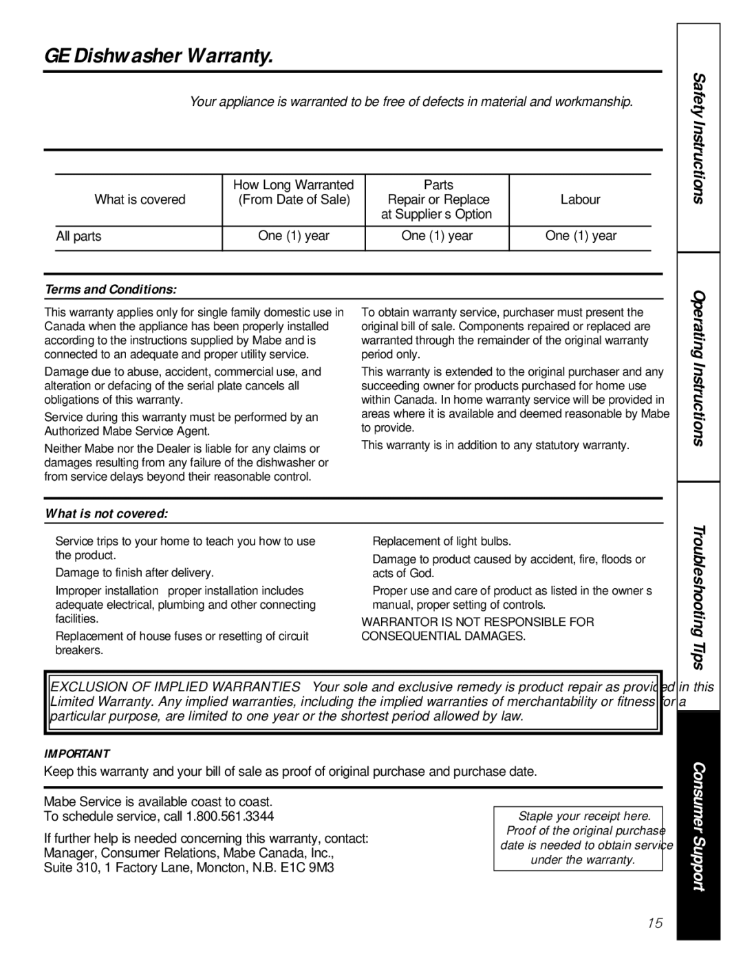 GE GSC1807 owner manual GE Dishwasher Warranty, Terms and Conditions, What is not covered 