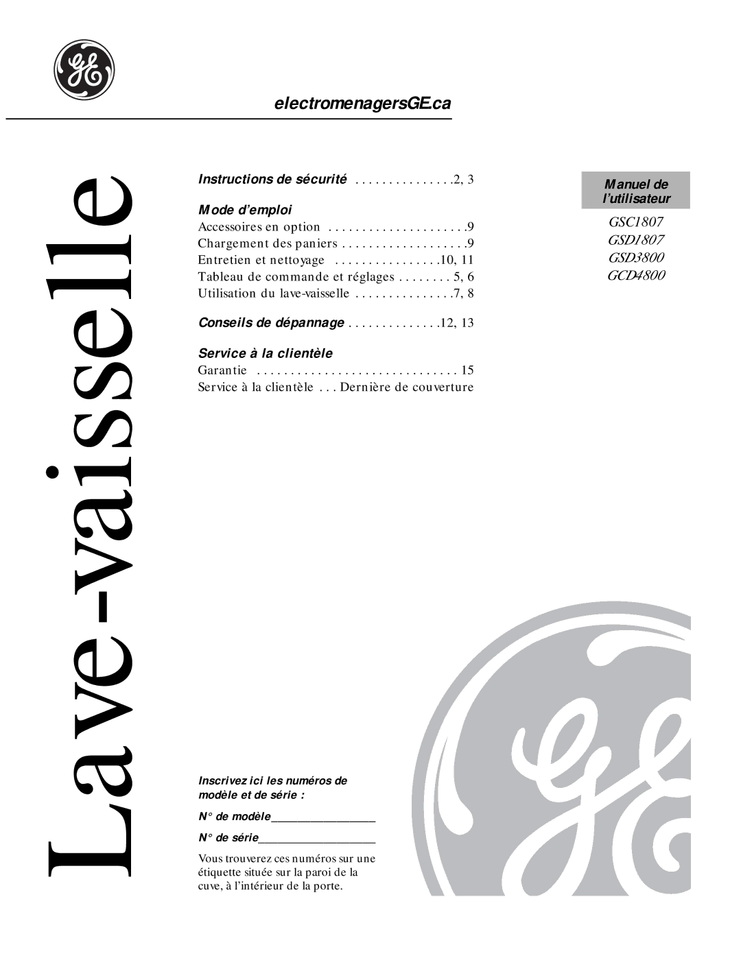 GE GSC1807 owner manual Lave-vaisselle, Manuel de l’utilisateur 