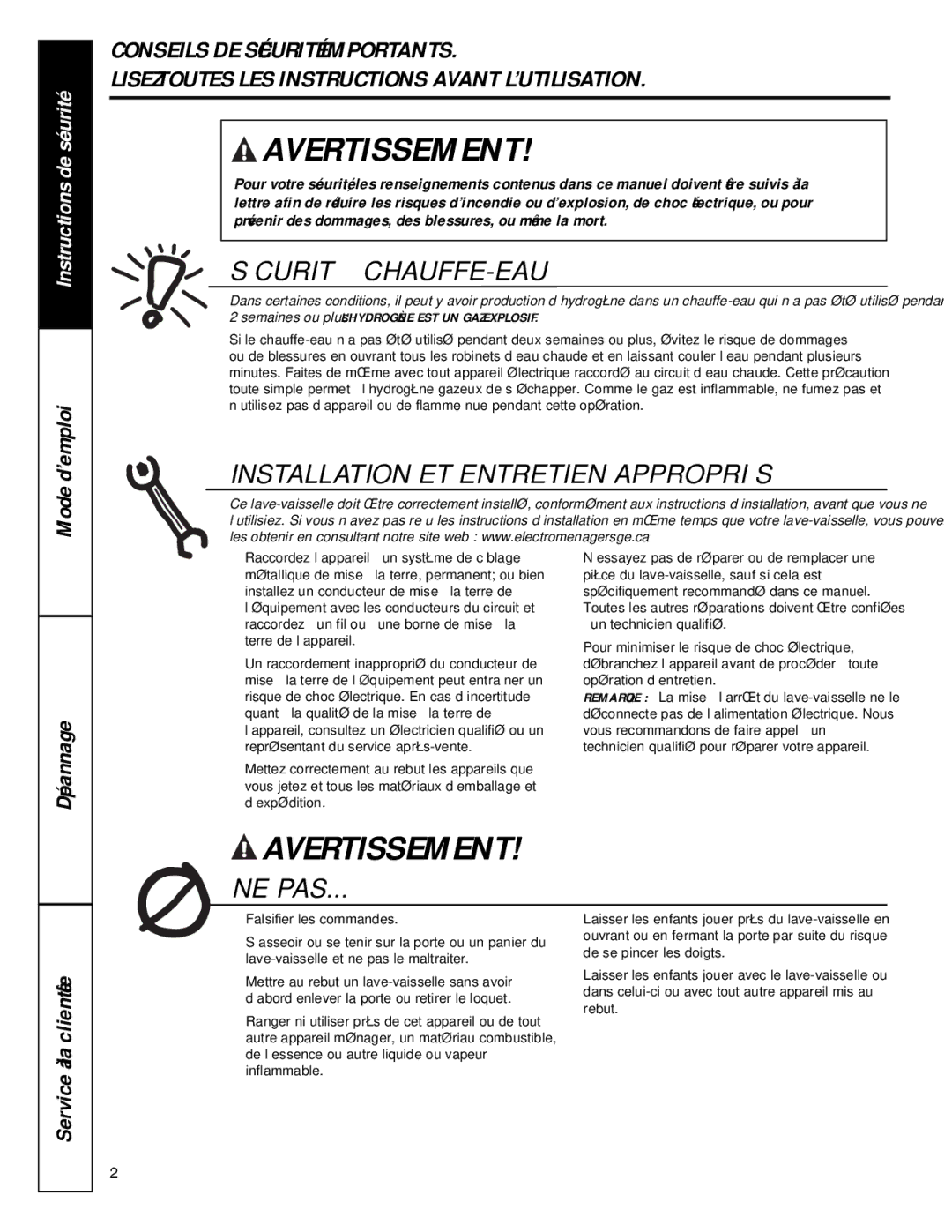 GE GSC1807 owner manual Avertissement 