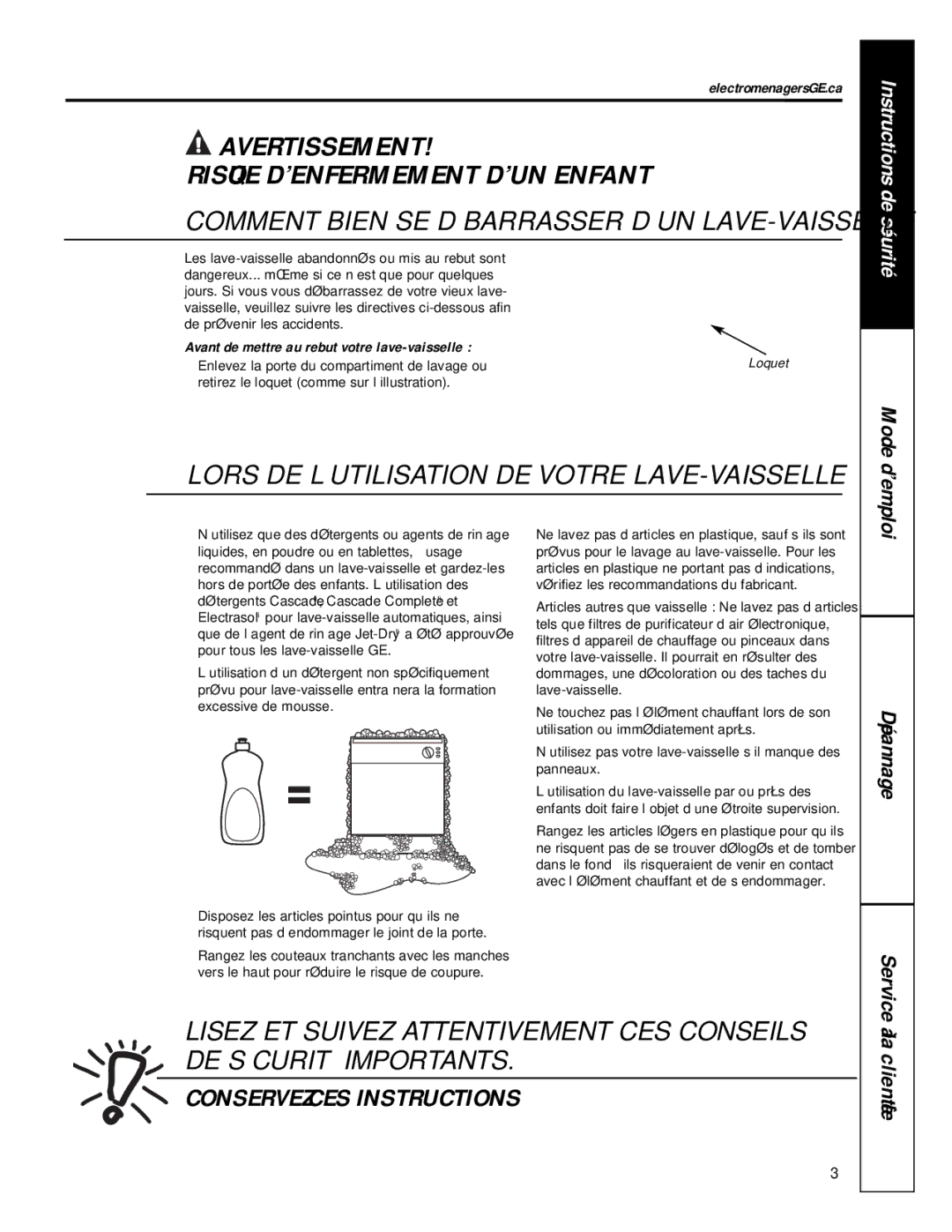 GE GSC1807 owner manual Service, Mode d’emploi, ElectromenagersGE.ca, Avant de mettre au rebut votre lave-vaisselle 