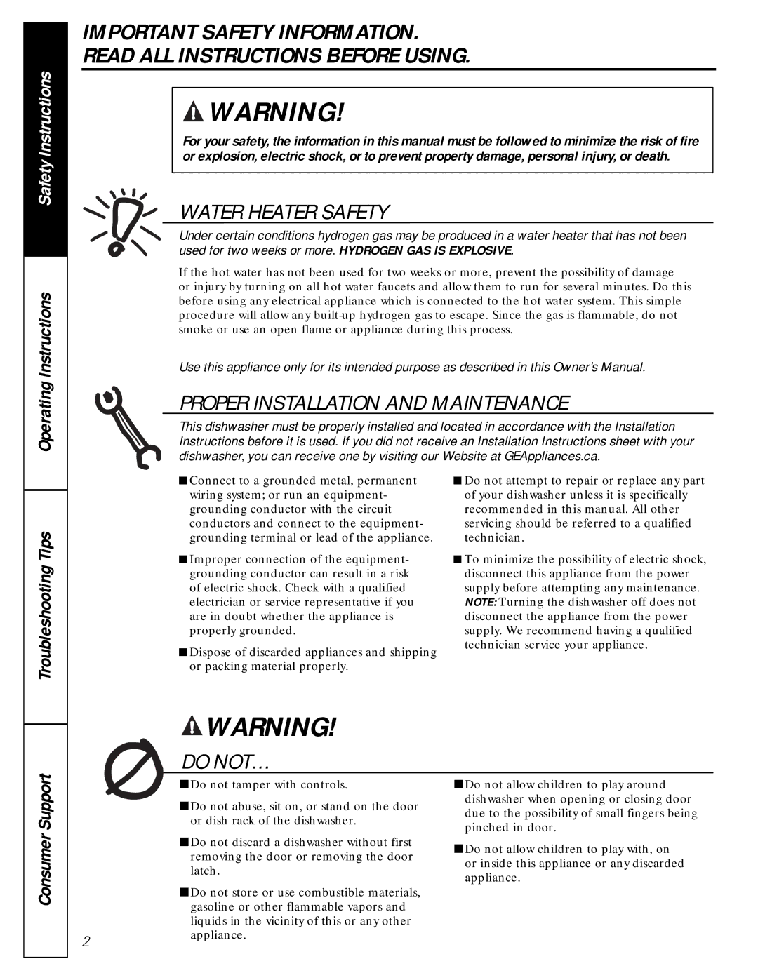 GE GSC1807 owner manual Water Heater Safety, Consumer Support 