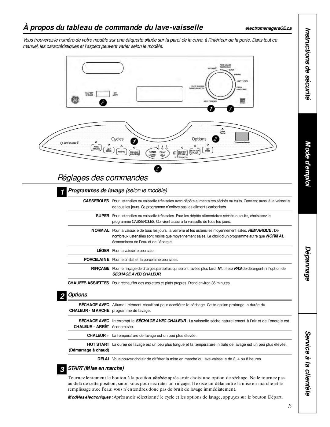 GE GSC1807 Réglages des commandes, Propos du tableau de commande du lave-vaisselle, Programmes de lavage selon le modèle 