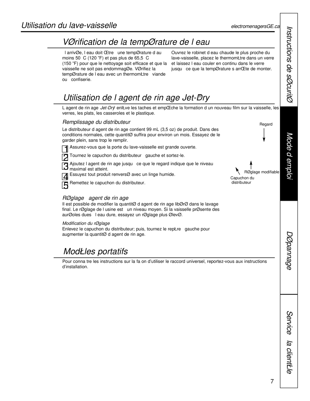 GE GSC1807 Vérification de la température de l’eau, Utilisation de l’agent de rinçage Jet-Dry, Modèles portatifs 