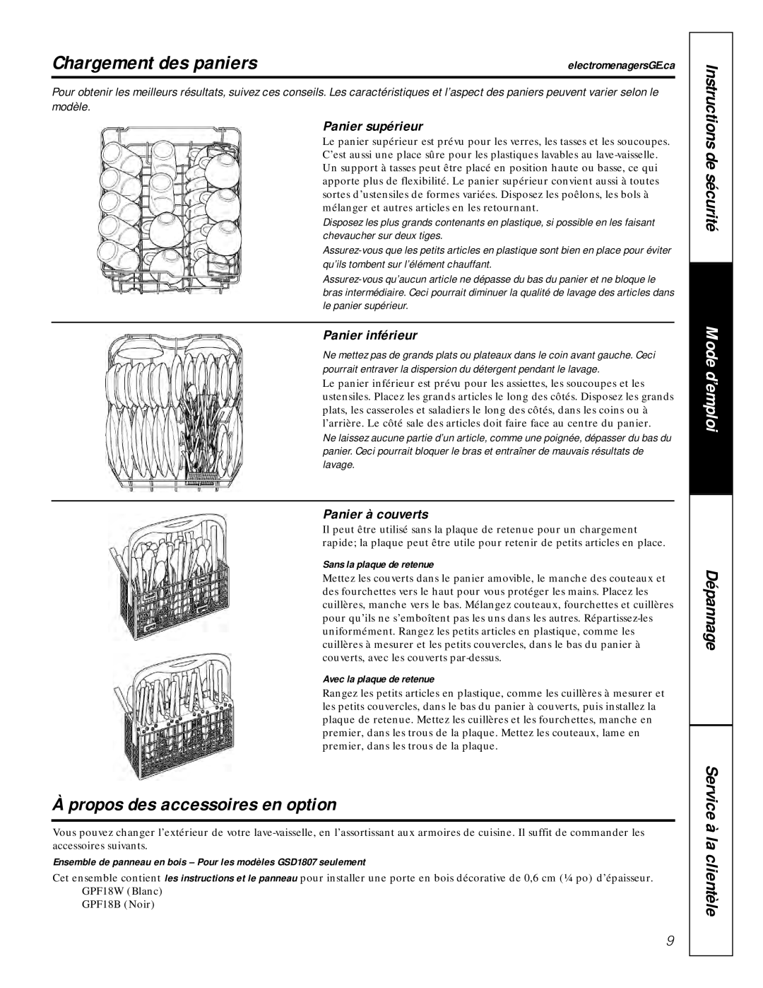 GE GSC1807 owner manual Propos des accessoires en option, Panier supérieur, Panier inférieur, Panier à couverts 