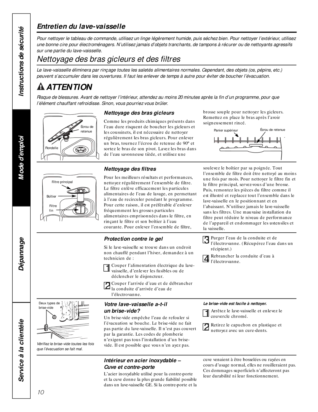 GE GSC1807 owner manual Nettoyage des bras gicleurs et des filtres, Entretien du lave-vaisselle 