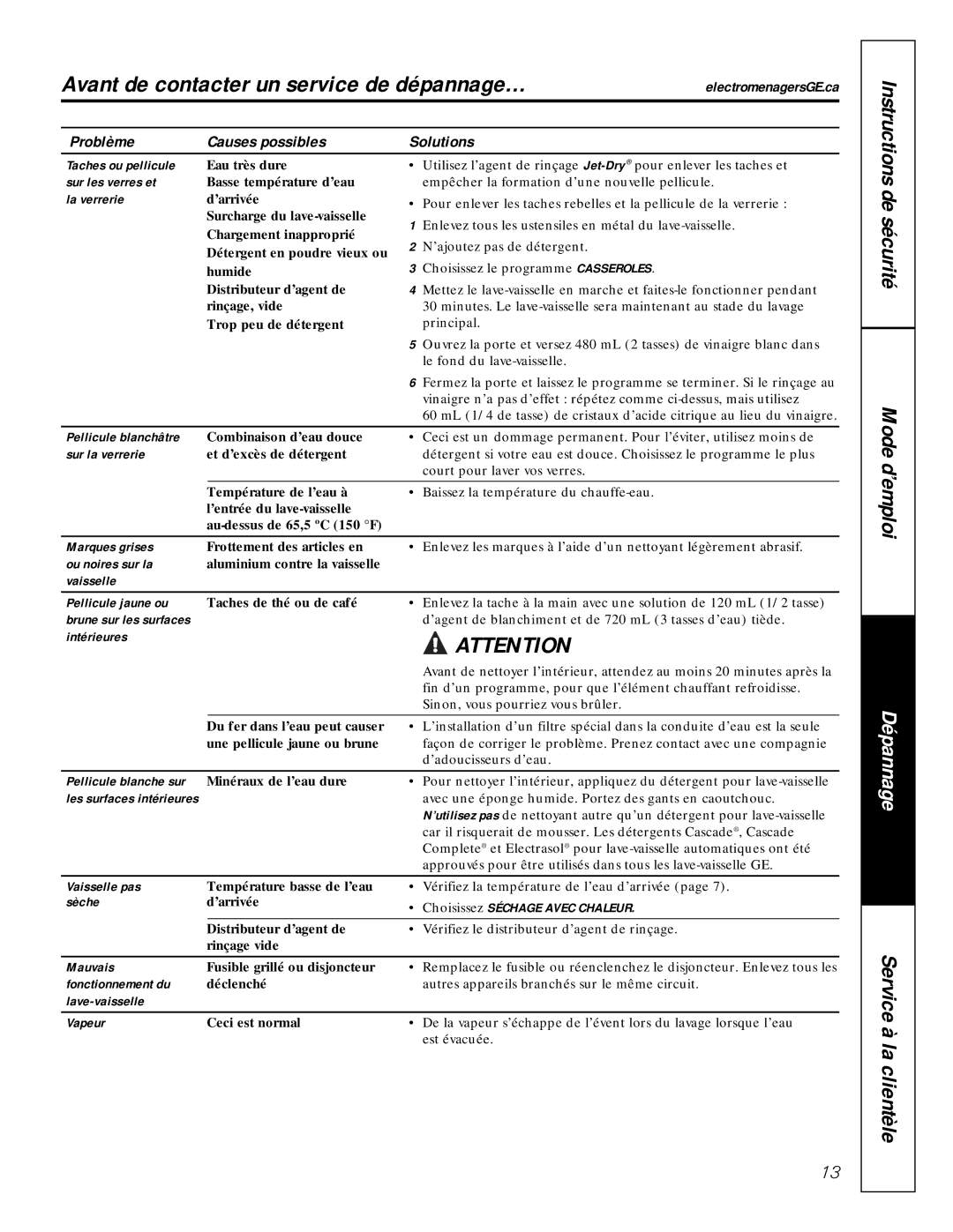 GE GSC1807 owner manual Taches ou pellicule 