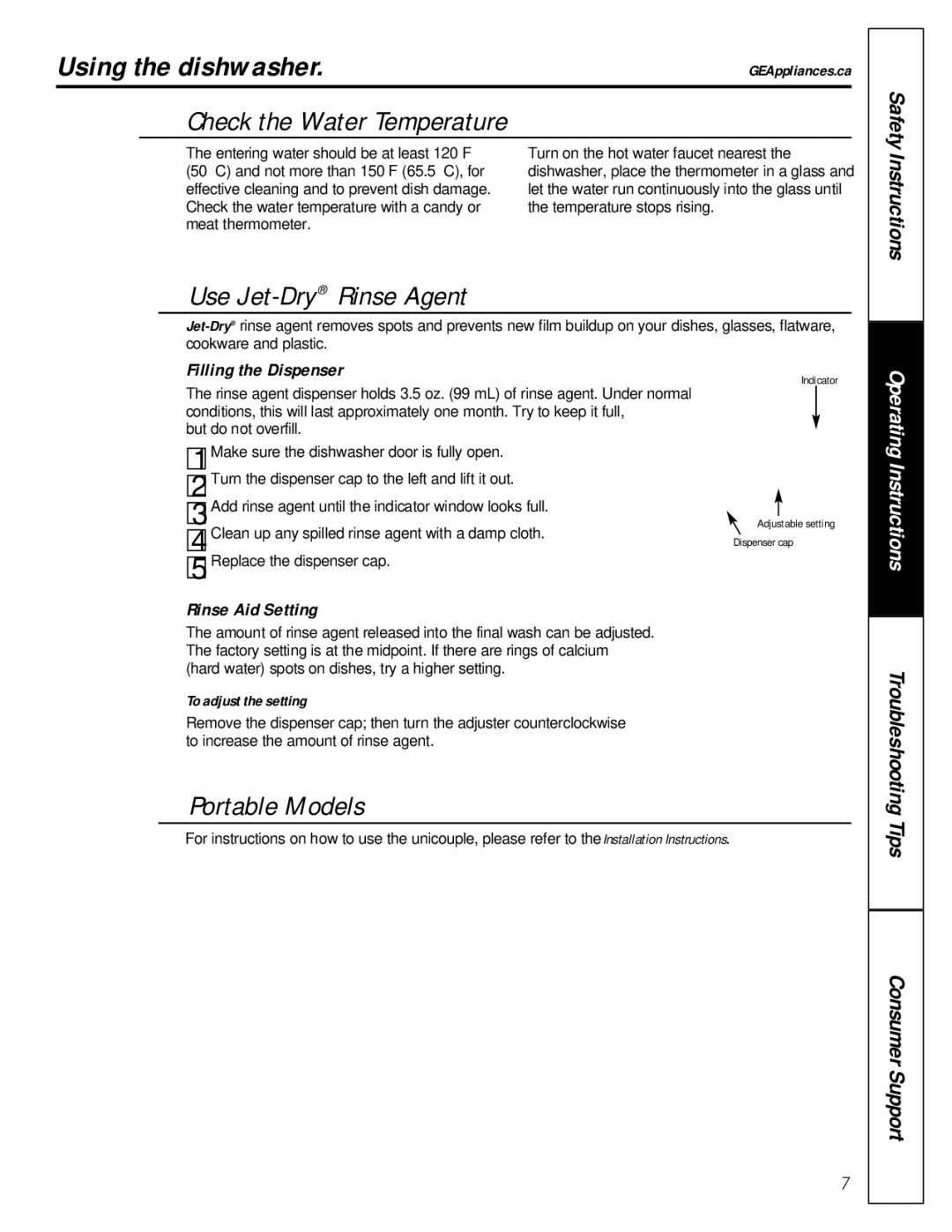 GE GSC1807 owner manual Using the dishwasher, Check the Water Temperature, Filling the Dispenser, Rinse Aid Setting 