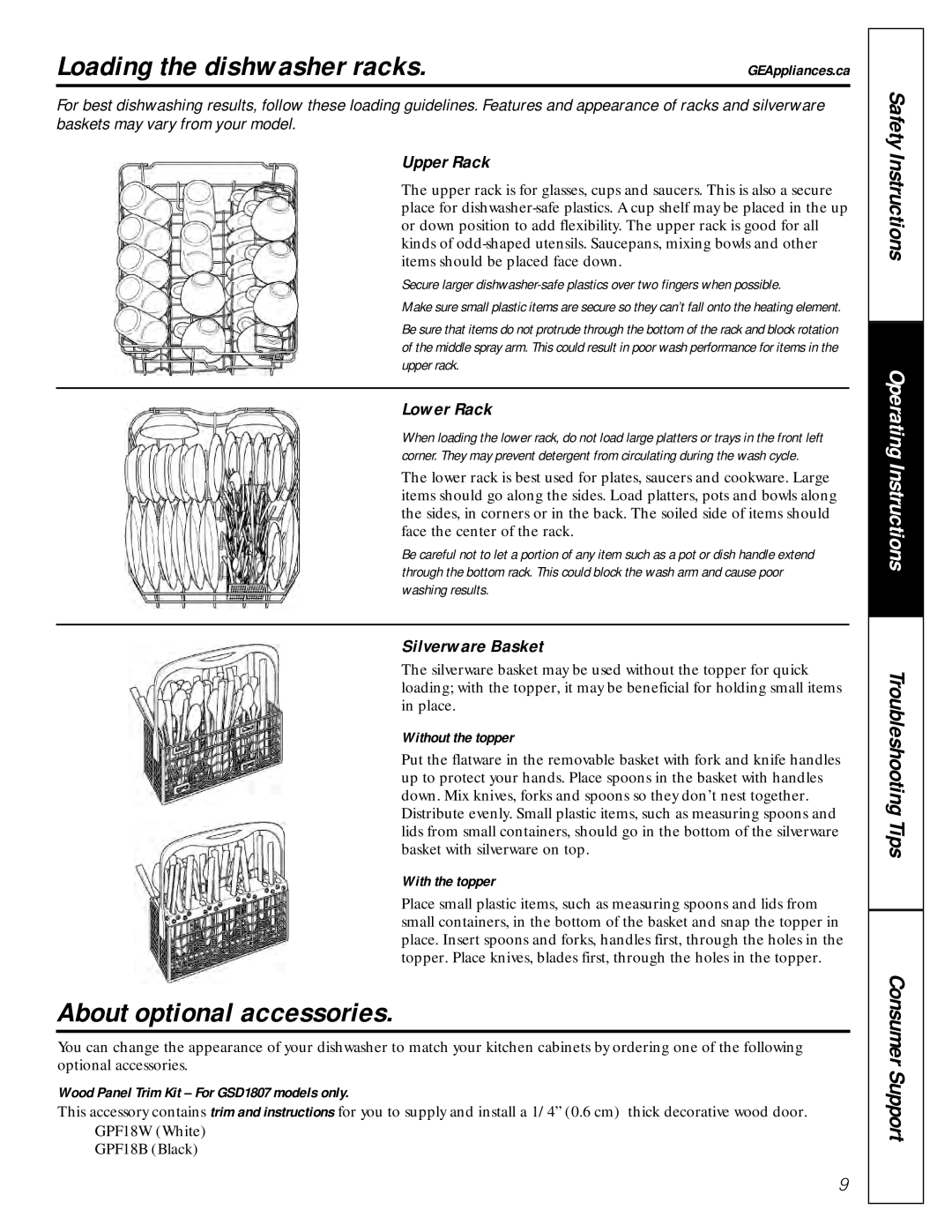 GE GSC1807 owner manual Loading the dishwasher racks, About optional accessories, Upper Rack, Lower Rack, Silverware Basket 