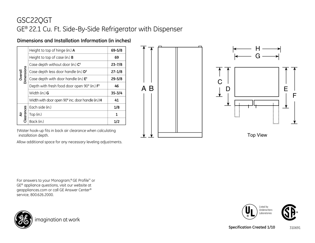 GE GSC22QGTWW, GSC22QGTBB dimensions GE 22.1 Cu. Ft. Side-By-Side Refrigerator with Dispenser, Each side Back Top 