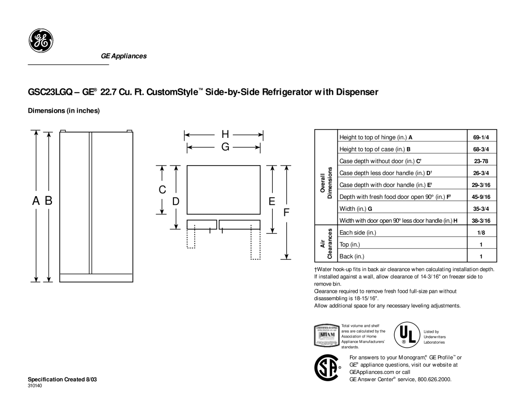 GE GSC23LGQWW, GSC23LGQBB dimensions Dimensions in inches 